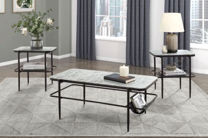 3pc Stylish Occasional Table Set White Marble Print Tempered Glass Top Coffee Table and End Tables Modern Home Furniture
