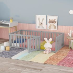 Twin Size Wood Floor Bed Frame with Fence and Door
