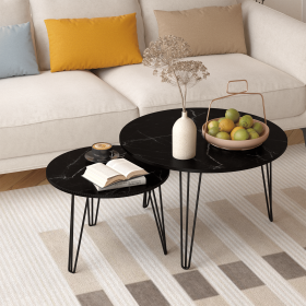 27.56" Round Nesting Coffee Table Set of 2, Circular Nesting End Table Set, Round Marble Tabletop, and Sturdy Metal Base for Living Room, bedroom