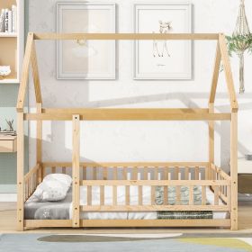 Full Size Floor Wooden Bed with House Roof Frame, Fence Guardrails