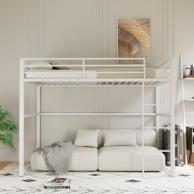 Metal Loft Bed Twin Size, Loft Bed Frame with Safety Guard Rails & Flat Ladder, Twin Loft Bed for Kids Teens Adults, White
