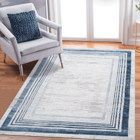 LOOM & LUXE Collection 8X10 Blue/Ivory/Bordered Non-Shedding Living Room Bedroom Dining Home Office Stylish and Stain Resistant Area Rug