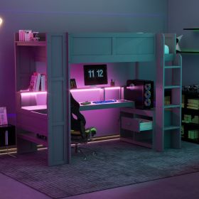 Wood Twin Size Gaming Loft Bed with Desk, Multi-storage Shelves, LED and Charging Station, Dark Gray(Expected Arrival Time: 2.14)