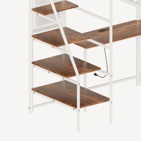 Full size loft metal bed with white for bedroom and dormitory, with built-in charging station and LED lighting