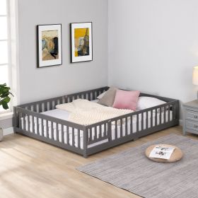 Twin Size Floor Bed with Door, Solid Wood Platform Bed Frame with Fence, Suitable for children, Pine Wood