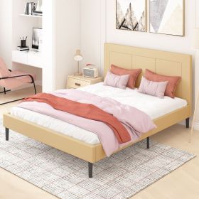 Queen Size Wood Slat Bed Frame 800 lbs Capacity with PU Leather Headboard