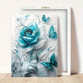 Elegant Turquoise Blue Crystal Rose & Teal Butterflies Canvas Wall Art With Wooden Frame - Classic Decorative Poster For Living Room, Bedroom, Ho (Option: 24x16inch)