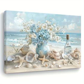 1 Piece Framed Wooden Canvas Painting, One Piece Blue Vase Floral Canvas Print, Wooden Frame Wall Art, Shell And Ocean Theme, Home And Office Dec (Option: 32X24inc)