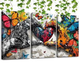 Framed 3pcs Graffiti Holding Hands Love Heart Canvas Wall Art Fashion Love Poster Painting Prints For Home Dining Room Living Room Wall Decor Art (Option: 24x16inch)